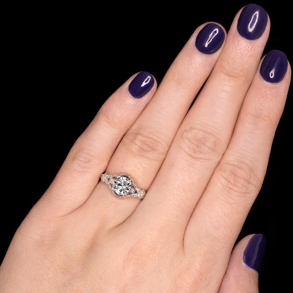 1.32ct GIA CERT OLD EUROPEAN CUT DIAMOND ENGAGEMENT RING SAPPHIRE VINTAGE STYLE