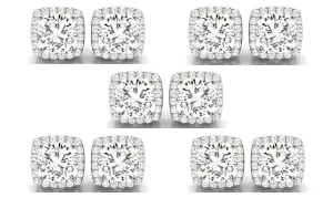 14k White Gold 3Ct Cushion Cut White Sapphire Set Of Five Halo Stud Earrings Plated