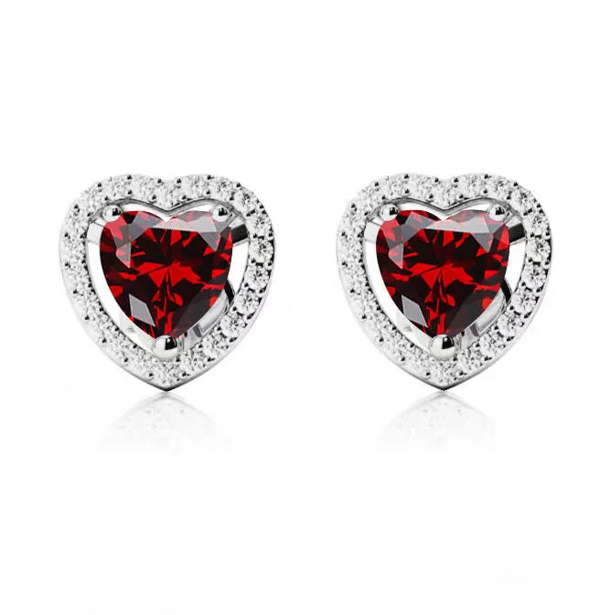 14k White Gold Plated 1/2 Ct Created Halo Heart Garnet Stud Earrings