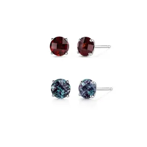 14k White Gold Plated 2Ct Created Garnet and Alexandrite 2 Pair Round Stud Earrings