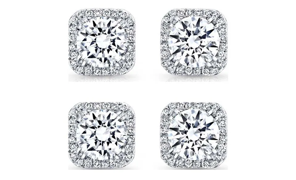 14k White Gold Plated 2Ct Square Cut White Sapphire Set of Two Halo Stud Earrings