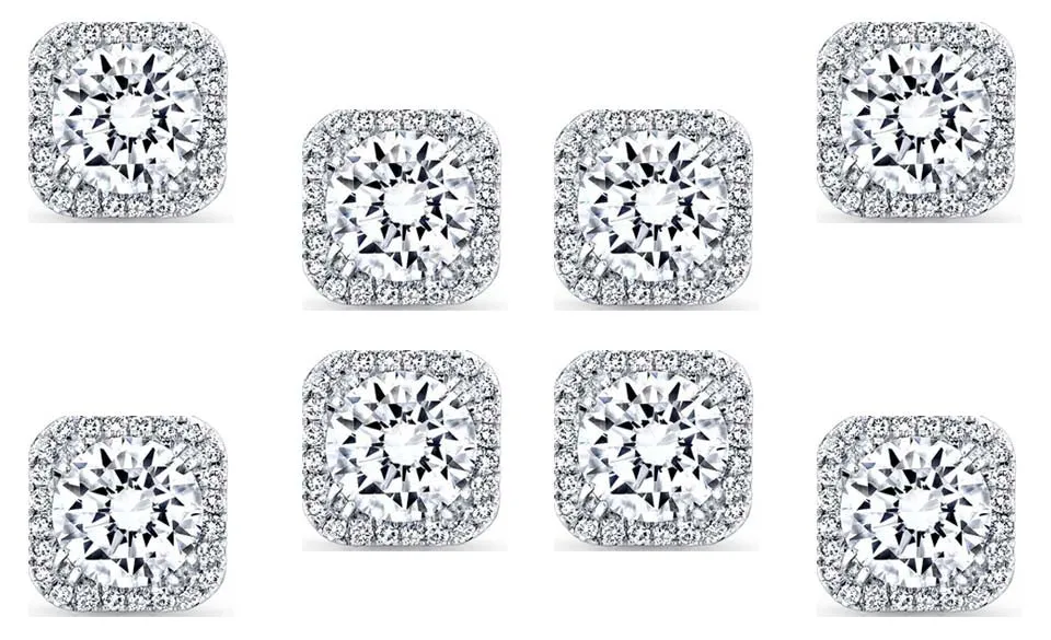 14k White Gold Plated 3Ct Square Cut White Sapphire Set of Four Halo Stud Earrings