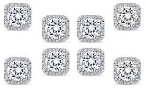 14k White Gold Plated 3Ct Square Cut White Sapphire Set of Four Halo Stud Earrings