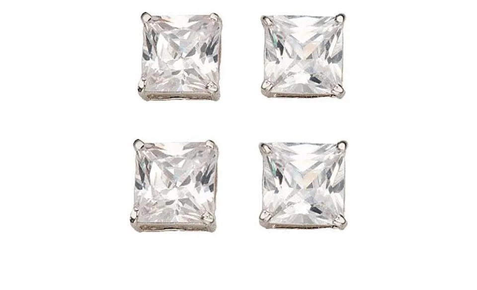 14k White Gold Plated 3Ct Square Cut White Sapphire Set Of Two Stud Earrings