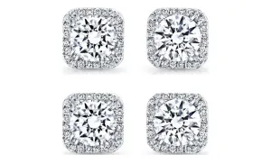 14k White Gold Plated 4mm 1Ct Square Cut White Sapphire Set of Two Halo Stud Earrings