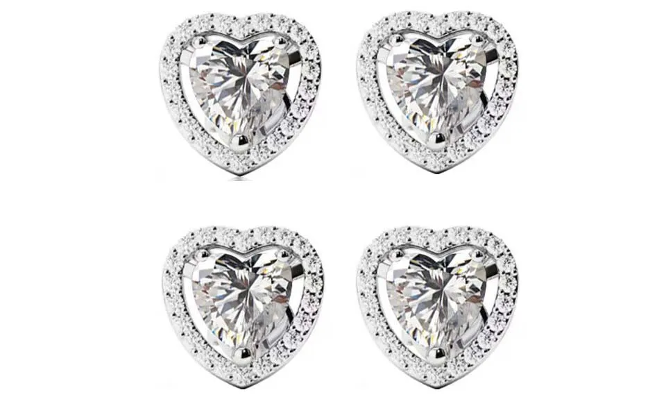 14k White Gold Plated 4mm 2Ct Heart White Sapphire Set of Two Halo Stud Earrings