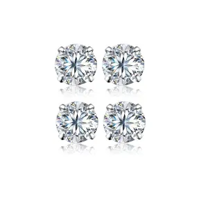 14k White Gold Plated 4mm 2Ct Round White Sapphire Set Of Two Stud Earrings