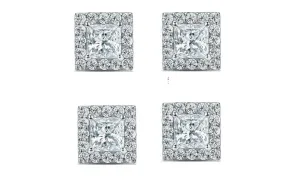 14k White Gold Plated 4mm 3Ct Princess Cut White Sapphire Set of Two Halo Stud Earrings