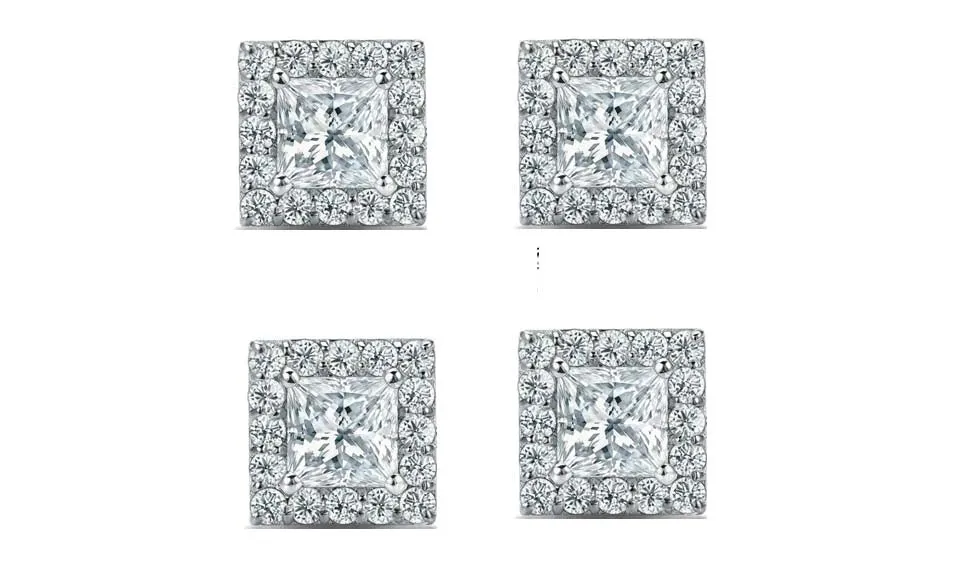 14k White Gold Plated 4mm 3Ct Princess Cut White Sapphire Set of Two Halo Stud Earrings