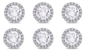 14k White Gold Plated 4mm 3Ct Round White Sapphire Set Of Three Halo Stud Earrings