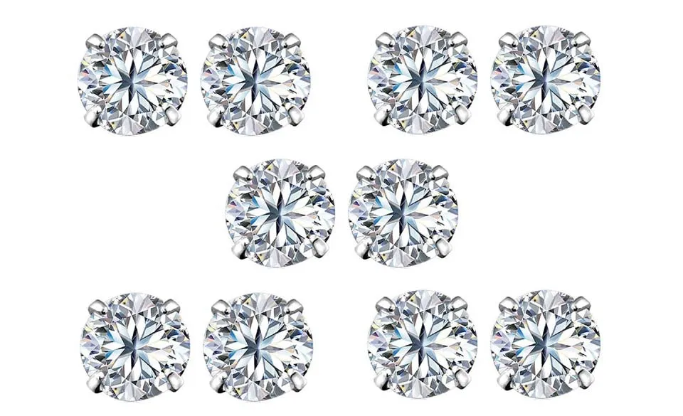 14k White Gold Plated 6mm 1/2Ct Round White Sapphire Set Of Five Stud Earrings
