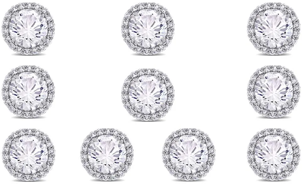 14k White Gold Plated 6mm 2Ct Round White Sapphire Set Of Five Halo Stud Earrings