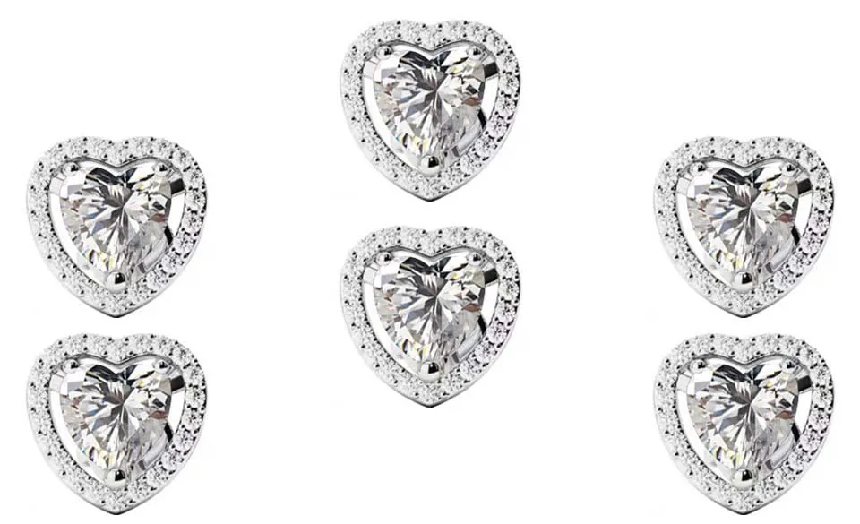 14k White Gold Plated 6mm 3Ct Heart White Sapphire Set of Three Halo Stud Earrings