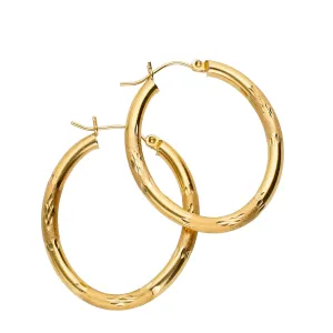 14K Yellow Gold Oval Etched Design Hoop Earrings