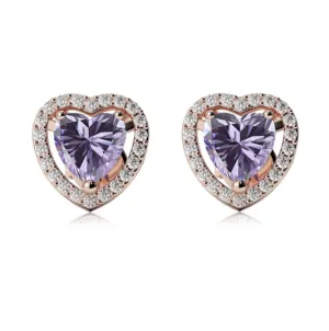 18k Rose Gold Plated 3 Ct Created Halo Heart Tanzanite Stud Earrings