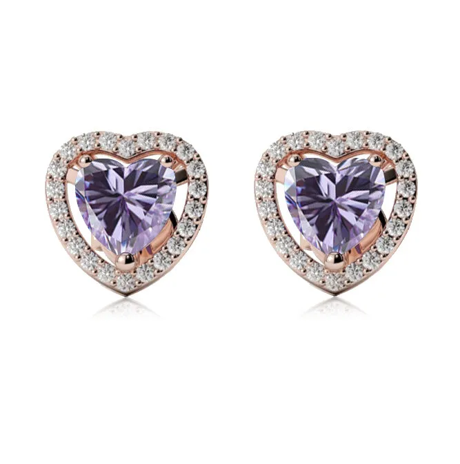 18k Rose Gold Plated 3 Ct Created Halo Heart Tanzanite Stud Earrings