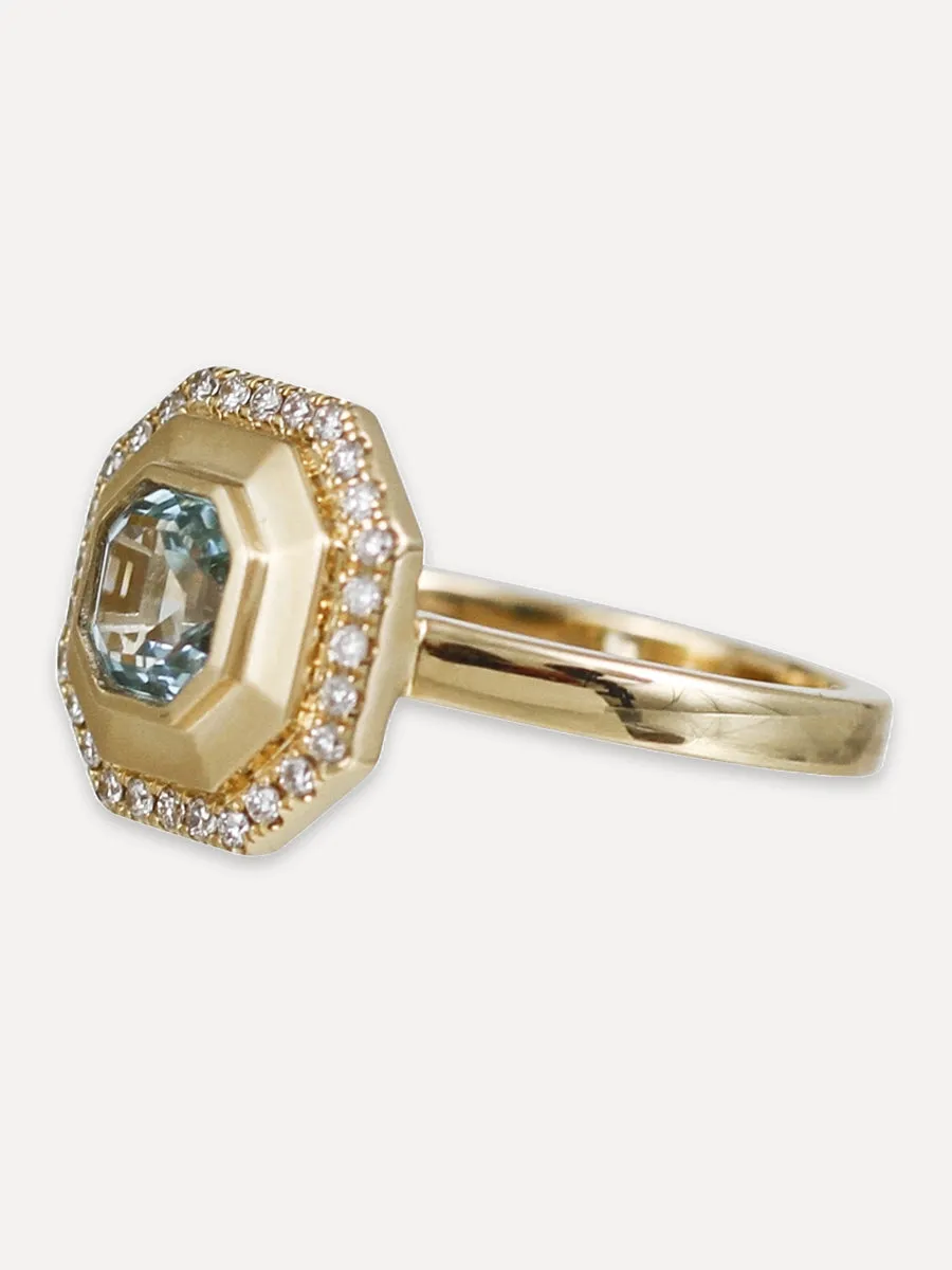 18K Satin Hexagon Ring - Blue Topaz & Diamond