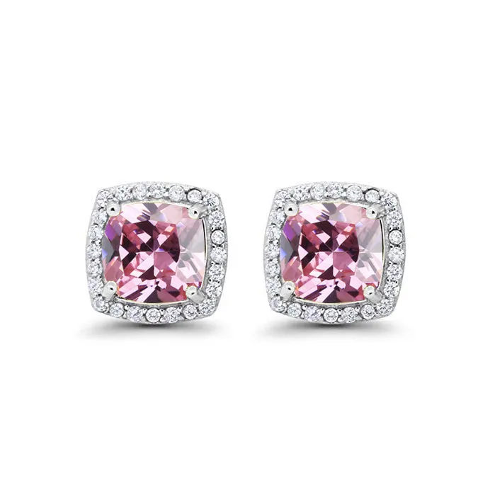 18k White Gold Plated 1 Ct Created Halo Princess Cut Pink Sapphire Stud Earrings