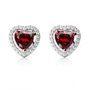 18k White Gold Plated 1/2 Ct Created Halo Heart Garnet Stud Earrings