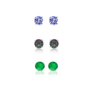 18k White Gold Plated 1/2Ct Created Tanzanite, Mystic Topaz and Emerald 3 Pair Round Stud Earrings