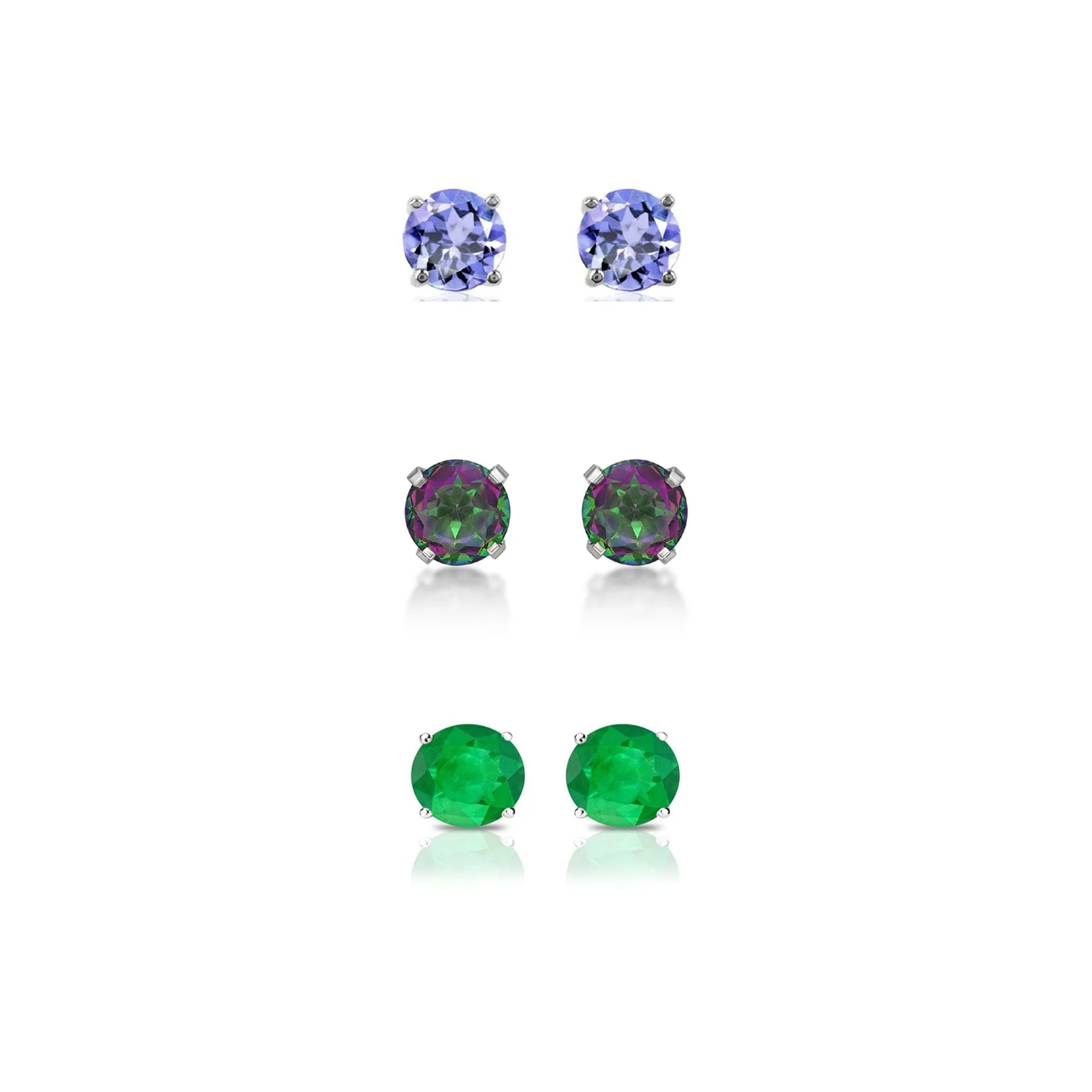 18k White Gold Plated 1/2Ct Created Tanzanite, Mystic Topaz and Emerald 3 Pair Round Stud Earrings