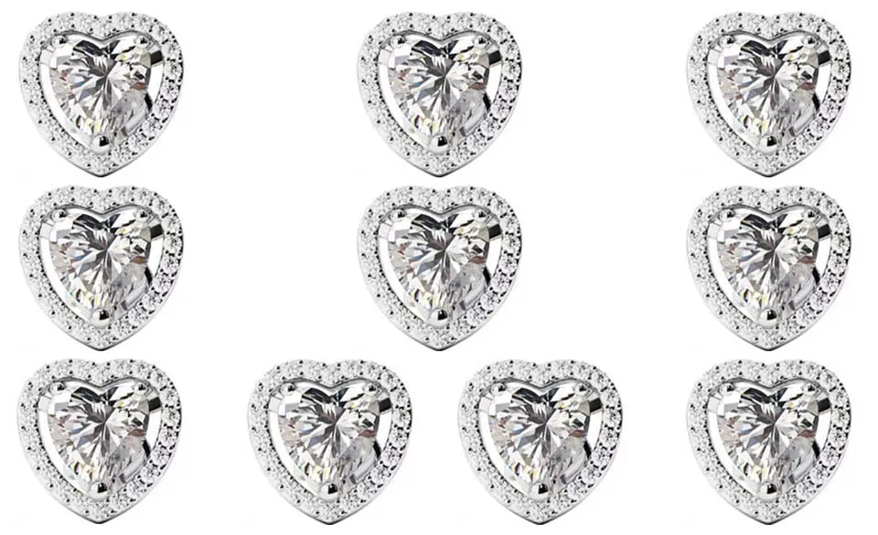 18k White Gold Plated 1/2Ct Heart White Sapphire Set of Five Halo Stud Earrings