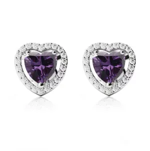 18k White Gold Plated 2 Ct Created Halo Heart Amethyst Stud Earrings