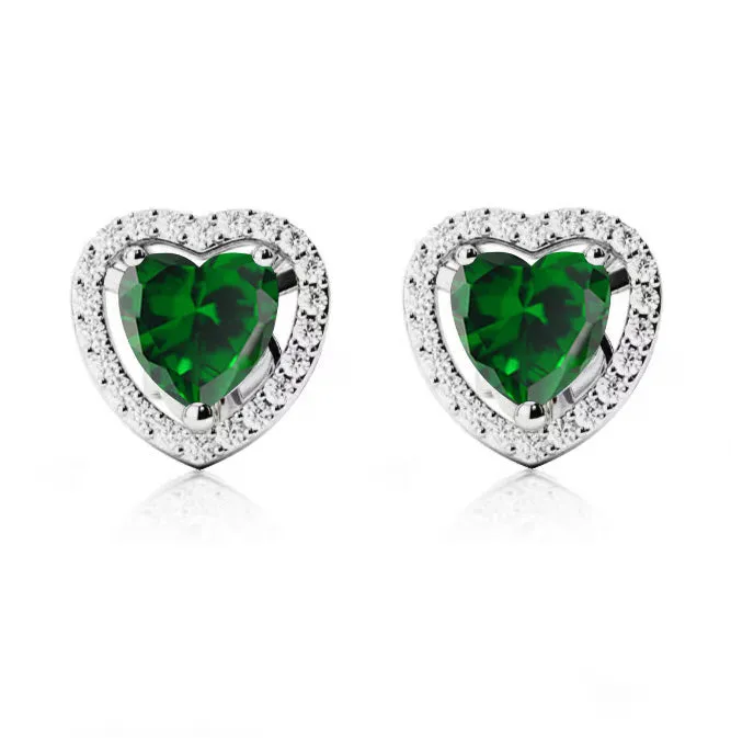 18k White Gold Plated 2 Ct Created Halo Heart Emerald Stud Earrings