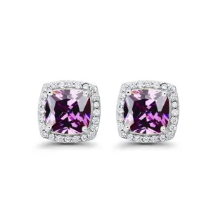 18k White Gold Plated 3 Ct Created Halo Princess Cut Tanzanite Stud Earrings