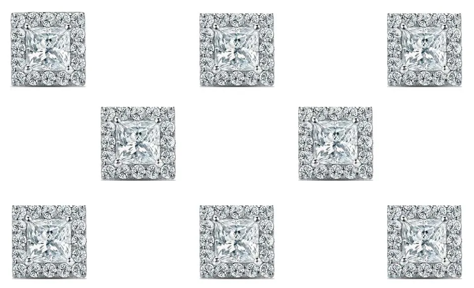18k White Gold Plated 3Ct Princess Cut White Sapphire Set of Four Halo Stud Earrings