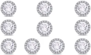 18k White Gold Plated 4Ct Round White Sapphire Set Of Five Halo Stud Earrings