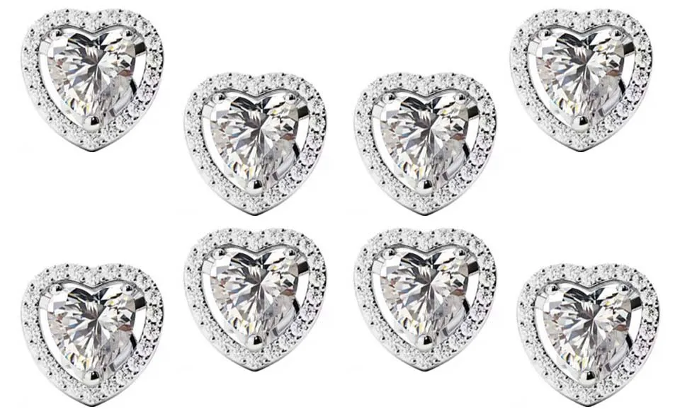 18k White Gold Plated 4mm 1Ct Heart White Sapphire Set of Four Halo Stud Earrings