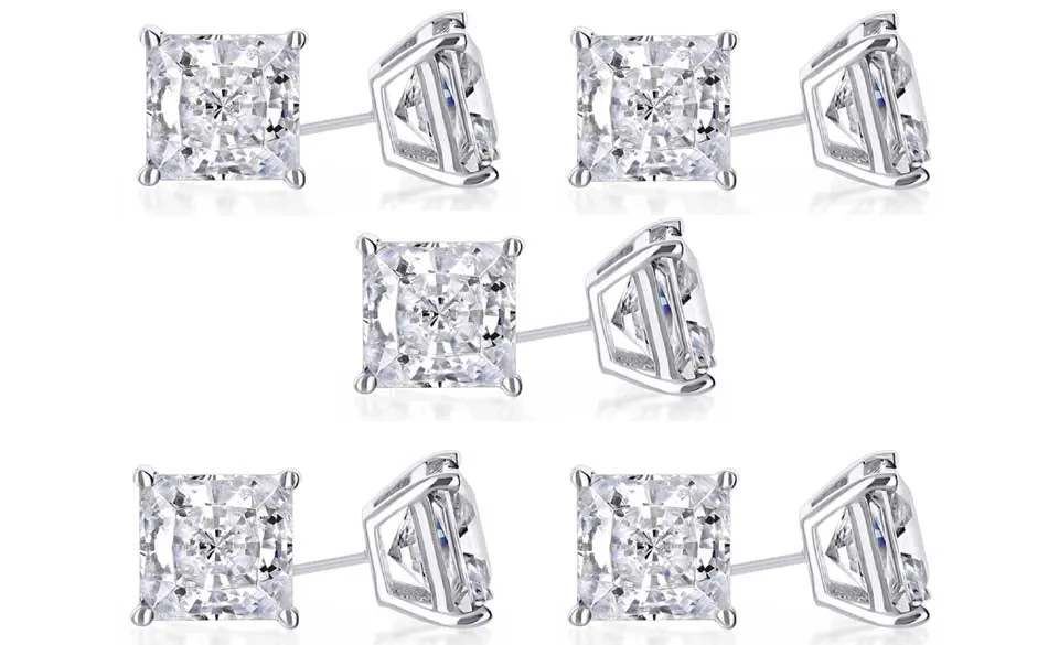 18k White Gold Plated 4mm 2Ct Princess Cut White Sapphire Set Of Five Stud Earrings