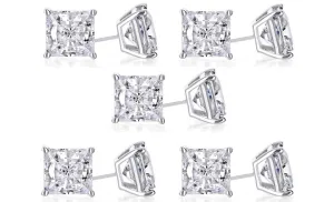 18k White Gold Plated 4mm 2Ct Princess Cut White Sapphire Set Of Five Stud Earrings