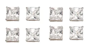 18k White Gold Plated 4mm 2Ct Square Cut White Sapphire Set Of Four Stud Earrings