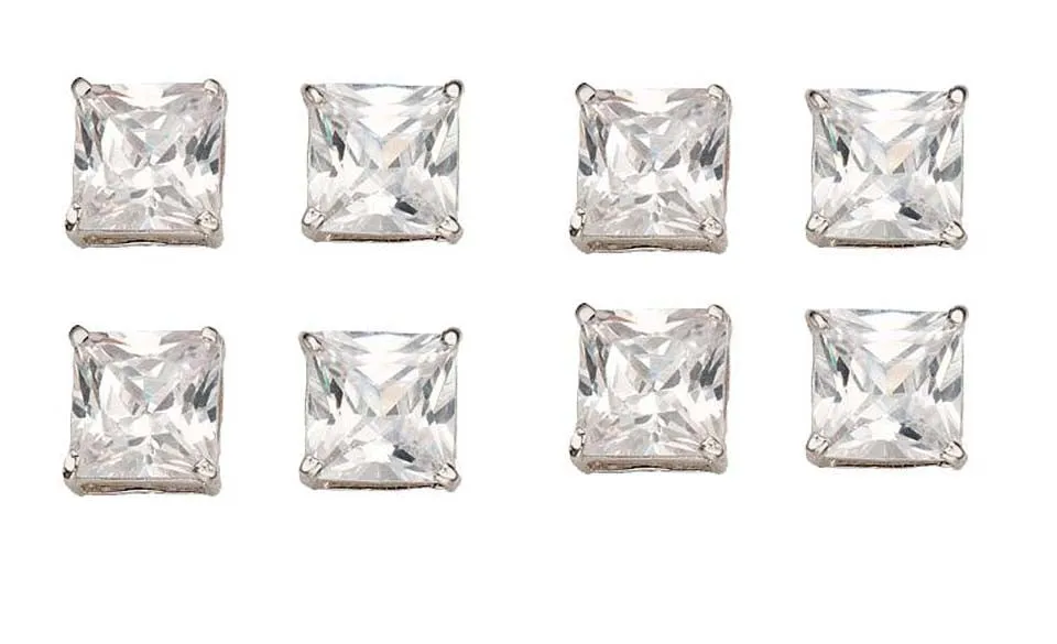 18k White Gold Plated 4mm 2Ct Square Cut White Sapphire Set Of Four Stud Earrings