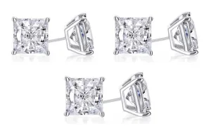 18k White Gold Plated 4mm 4Ct Princess Cut White Sapphire Set Of Three Stud Earrings