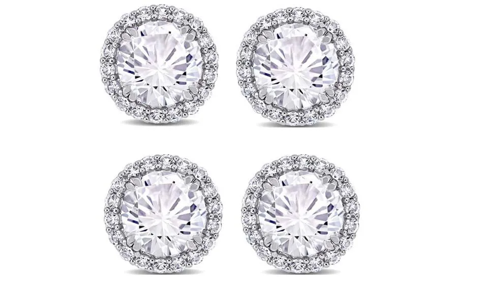 18k White Gold Plated 6mm 1/2Ct Round White Sapphire Set of Two Halo Stud Earrings