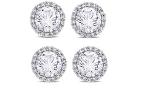 18k White Gold Plated 6mm 1/2Ct Round White Sapphire Set of Two Halo Stud Earrings