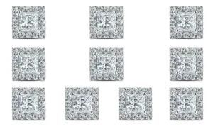 18k White Gold Plated 6mm 1Ct Princess Cut White Sapphire Set of Five Halo Stud Earrings
