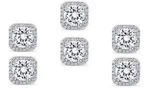 18k White Gold Plated 6mm 1Ct Square Cut White Sapphire Set of Three Halo Stud Earrings