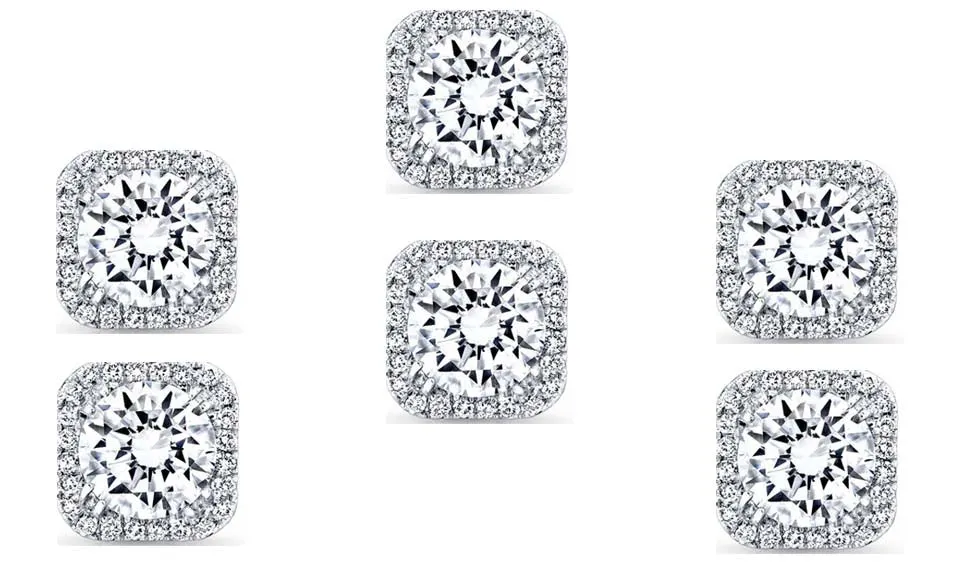 18k White Gold Plated 6mm 1Ct Square Cut White Sapphire Set of Three Halo Stud Earrings
