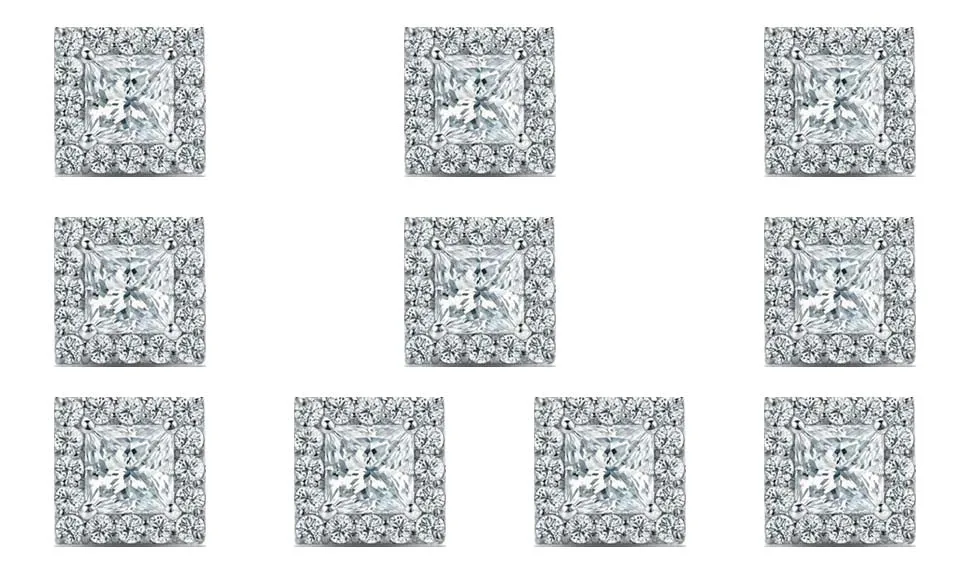 18k White Gold Plated 6mm 3Ct Princess Cut White Sapphire Set of Five Halo Stud Earrings