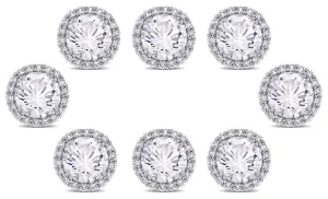 18k White Gold Plated 6mm 4Ct Round White Sapphire Set of Four Halo Stud Earrings