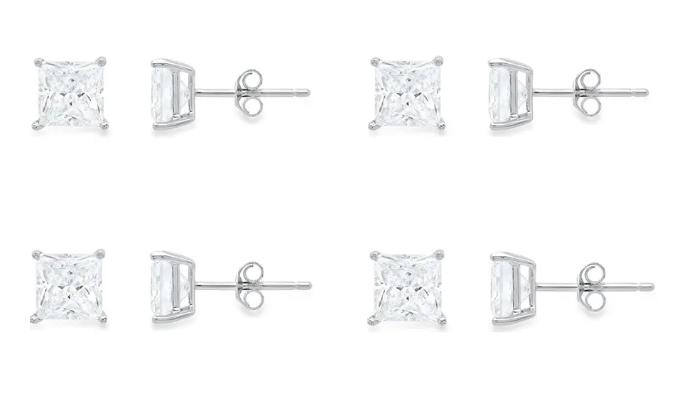 18k White Gold Plated Created White Sapphire 2Ct Princess Cut Set Of Four Stud Earrings