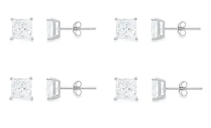18k White Gold Plated Created White Sapphire 2Ct Princess Cut Set Of Four Stud Earrings