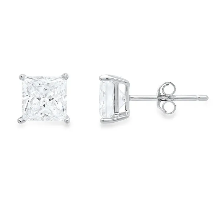 18k White Gold Plated Created White Sapphire 4Ct Princess Cut Stud Earrings