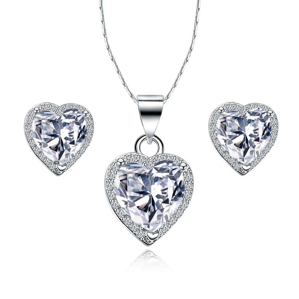 18k White Gold Plated Heart 1/2 Carat Created Cubic Zirconia Full Set Necklace 18 inch