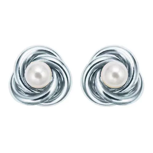 18K White Gold Plated White Freshwater Pearl Round 3 CT Stud Earrings
