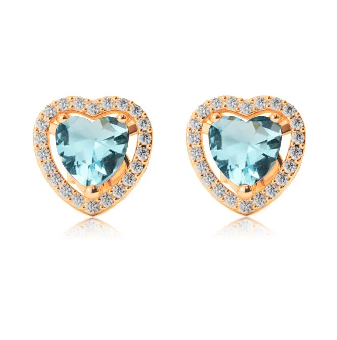 18k Yellow Gold Plated 4 Ct Created Halo Heart Aquamarine Stud Earrings
